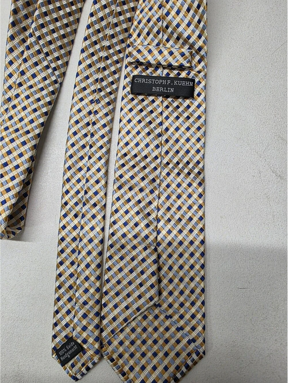 Christoph F. Kuehn Berlin - Gold/blue check - silk handmade tie